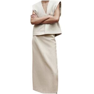 Zara rustic skirt and V-neck vest set in light sand nwot S